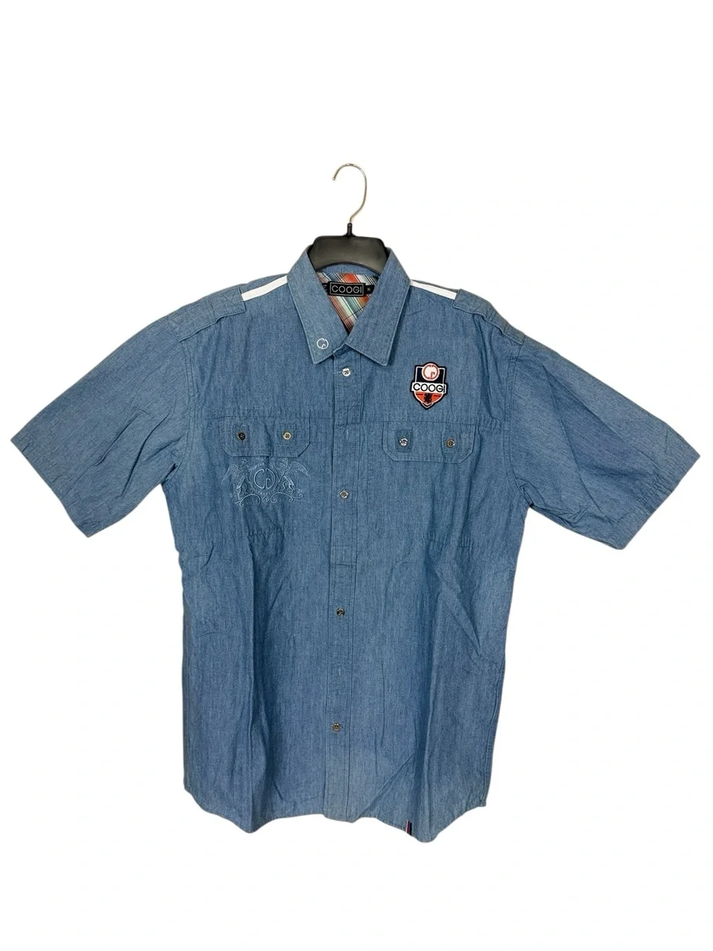 COOGI Australia Men's Chambray Short Sleeve Button Up Camp Shirt